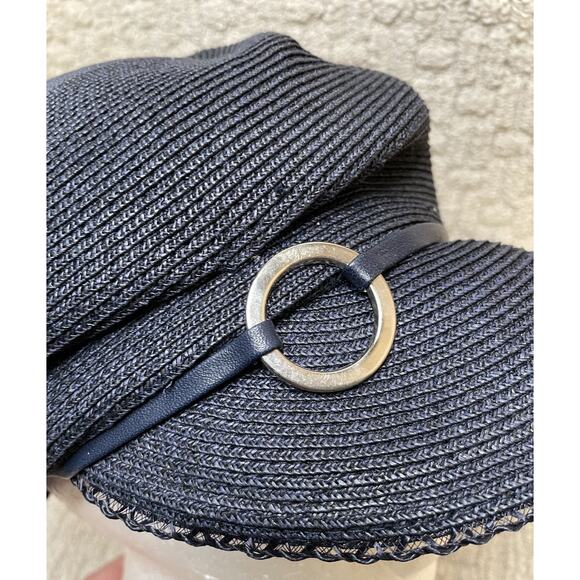 Eugenia Kim Navy Blue Woven Mia Cap Hat M NWT $290 Pleated Buckle Newsboy main image 5